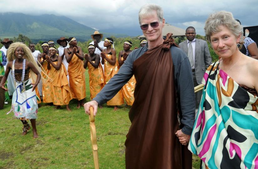 Mary and Joe McDonald in local attire in Musanze at their 75th Gorilla trekking ceremony in 2012. (John Mbanda)