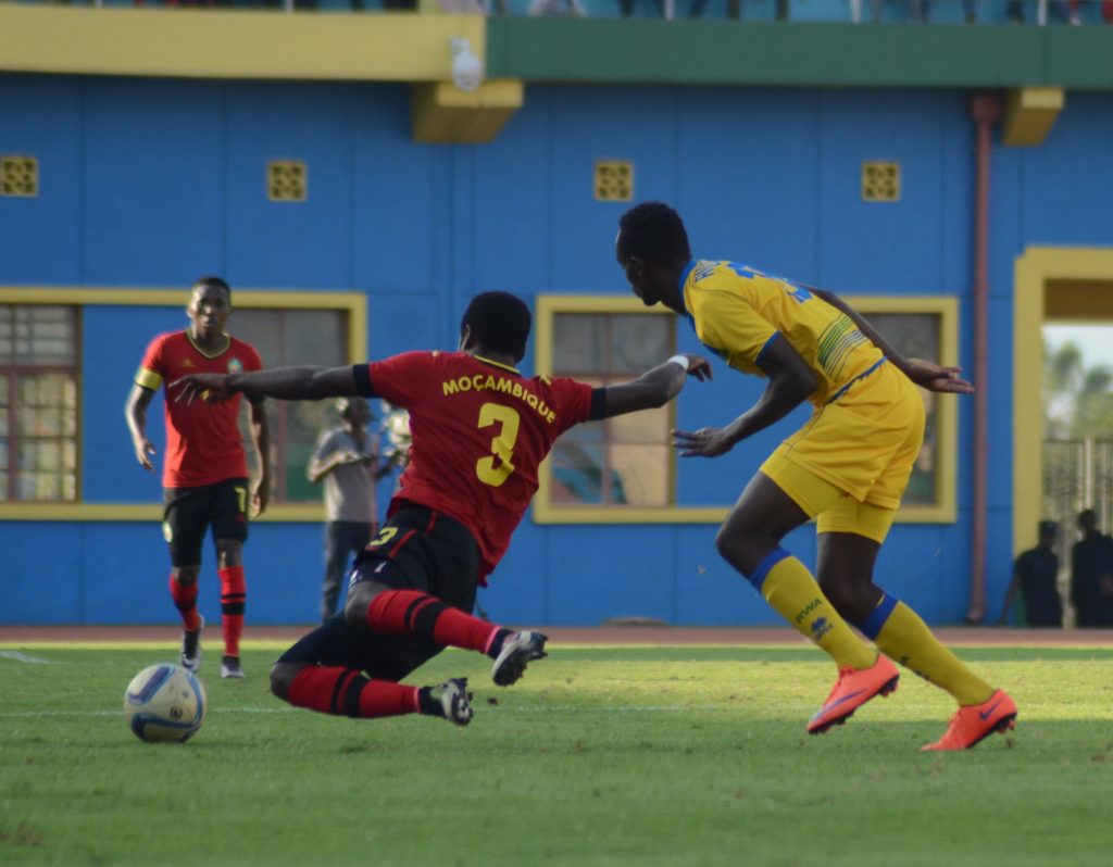 Rwanda National Team in Yellow jersey  in the clash against Mozambique, 2-3 the final result of the match. Amavubi lost the match that finished their hopes to qualify for CAN. 