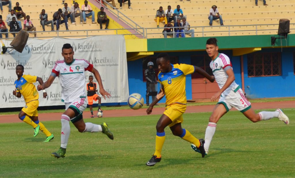 Blaise Itangishaka , the scorer of Amavubi in a friendly match between Rwanda National team U20 and Morroco. Two sons of President Kagame: Ian Kagame and Brian Kagame were among 18 players who helped Rwanda to draw 1-1 against Morroco.