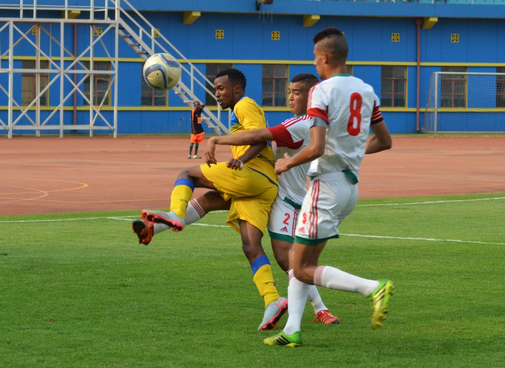 Savio Nshuti Amavubi U20 Captain in a friendly match between Rwanda National team U20 and Morroco. Two sons of President Kagame: Ian Kagame and Brian Kagame were among 18 players who helped Rwanda to draw 1-1 against Morroco.