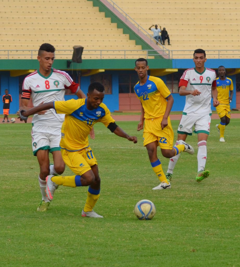 Savio Nshuti Amavubi U20 Captain in a friendly match between Rwanda National team U20 and Morroco. Two sons of President Kagame: Ian Kagame and Brian Kagame were among 18 players who helped Rwanda to draw 1-1 against Morroco.