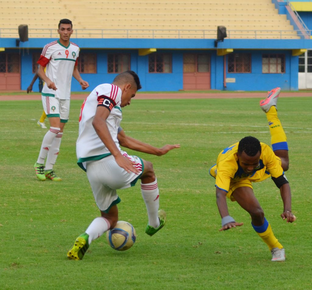 Savio Nshuti Amavubi U20 Captain in a friendly match between Rwanda National team U20 and Morroco. Two sons of President Kagame: Ian Kagame and Brian Kagame were among 18 players who helped Rwanda to draw 1-1 against Morroco.