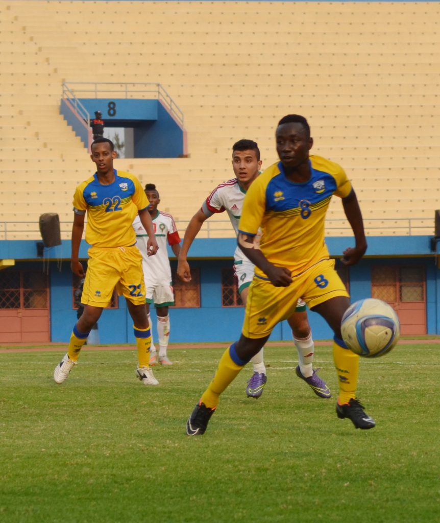 Savio Nshuti Amavubi U20 Captain in a friendly match between Rwanda National team U20 and Morroco. Two sons of President Kagame: Ian Kagame and Brian Kagame were among 18 players who helped Rwanda to draw 1-1 against Morroco.