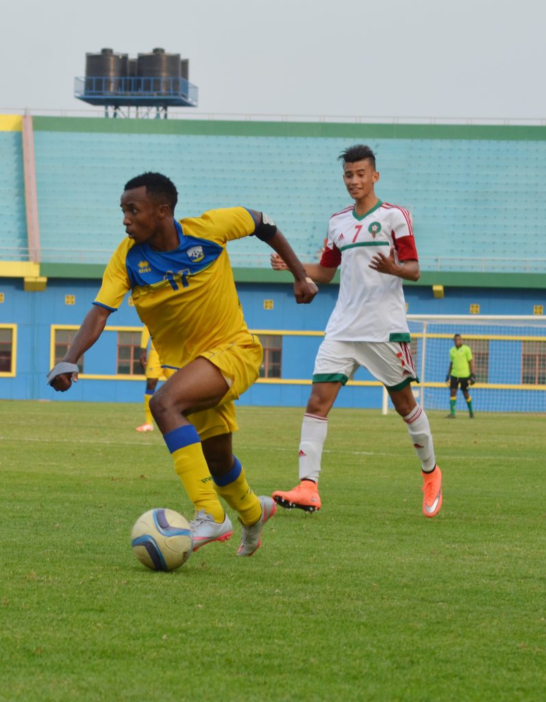Savio Nshuti Amavubi U20 Captain in a friendly match between Rwanda National team U20 and Morroco. Two sons of President Kagame: Ian Kagame and Brian Kagame were among 18 players who helped Rwanda to draw 1-1 against Morroco.